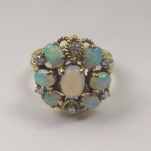 18k Yellow Gold Vintage Women&#39;s Cocktail Ring With Opals And Diamonds  - £628.31 GBP