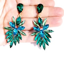 Green Blue Chandelier Earrings, Gift for Her, Bridesmaid Rhinestone Earrings, Br - £23.64 GBP
