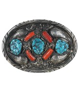 Large S John 1970&#39;s Native American sterling, turquoise, and coral belt ... - £442.45 GBP