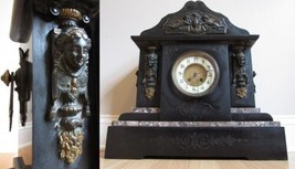 HUGE! mantel clock AD Mougin FRENCH 20&quot;x19.5&quot; 65lbs cherubs SLATE AND MA... - $271.14