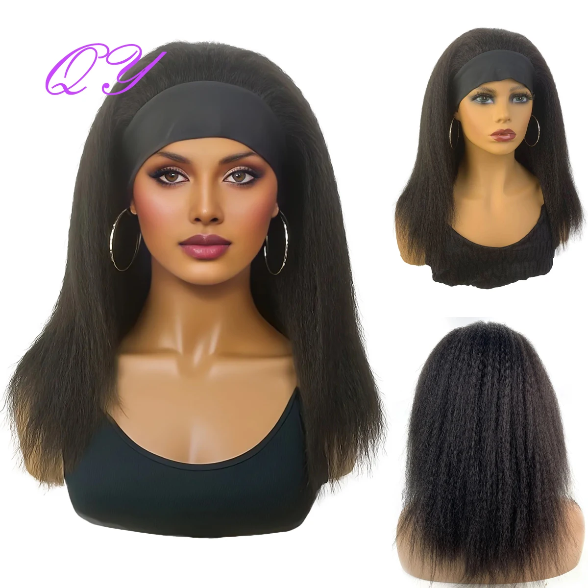 Synthetic Wig African Women Yaki Straight Headband Wigs Black Medium Length - £22.68 GBP+