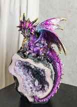 Space Purple Iridescent Dragon On Faux Geode Rock Quartz Crystal Cove Figurine - £26.58 GBP