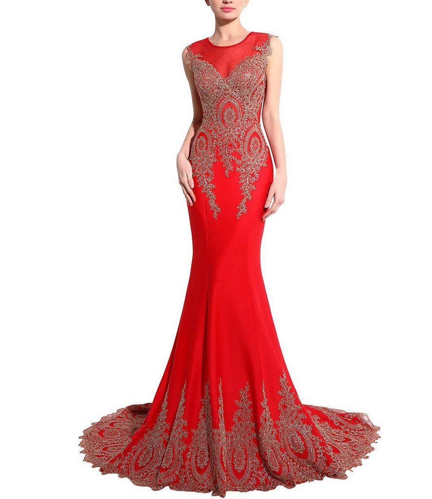 Kivary Women's Gold Lace Sexy Mermaid Sheer Formal Corset Prom Evening Dresses R