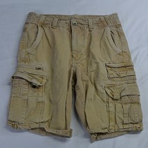 American Eagle 32 x 12 Khaki Distressed Raw Hem Longer Length Cargo Shorts - $20.99