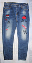 Blue Jeans Mens Size 36x29 Embroidered Rose &amp; Words - $261.14 MXN