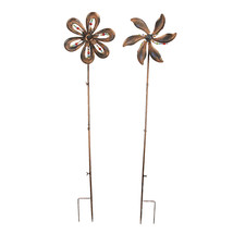 Set of 2 Antique Copper Finish Beaded Flower Pinwheel Wind Spinner Garden Stakes - £40.34 GBP