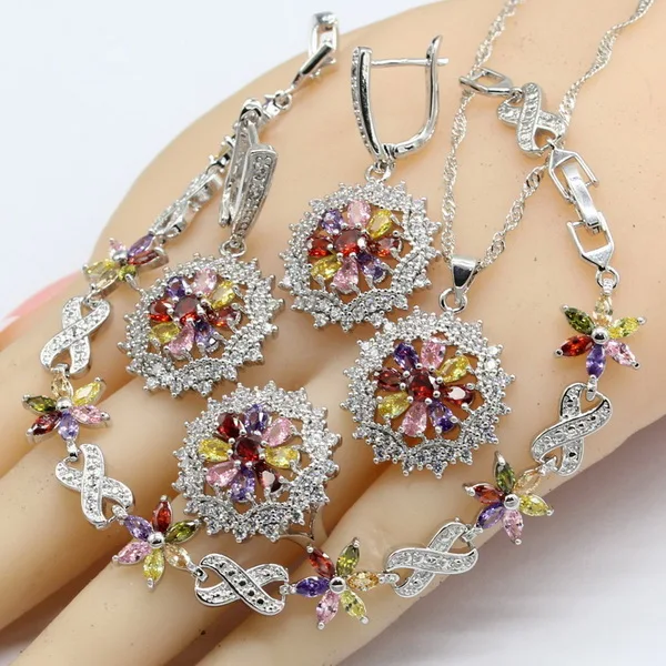 Silver Color Jewelry Sets Women Multi Color Semi-precious Necklace Pendant Brace - £28.57 GBP