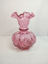 Vintage Fenton Cranberry Pink Art Glass Ruffled Optic Melon Large 8&quot; Vase - £25.66 GBP