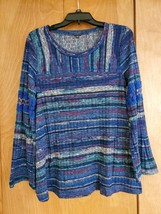 Hannah Womens Size L Blue Long Sleeve Knit Striped Stretch Pullover Bell Sleeve - £7.98 GBP