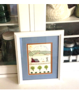 Farmhouse Cross-stitch Barn &amp; Fields Framed Wall Art Picture White Blue ... - $18.99