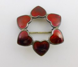 DENMARK Red Guilloche Enamel Sterling Silver Hexagon HEARTS Pin - Volmer... - $65.00