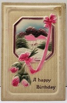 Happy Birthday Heavy Embossed Cottages Roses Ribbon Airbrushed Postcard E10 - £3.16 GBP