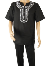 Men 2pc Stacy Adams leisure suit Linen Cotton With Embroidery 3668 Black... - £47.78 GBP