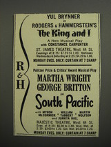 1952 Rodgers &amp; Hammerstein Plays Ad - The King and I and South Pacific - £14.50 GBP