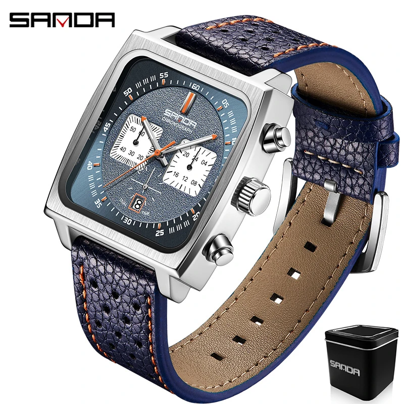 Watch SANDA 5311 New Men&#39;s Square Watch Business Date  Hands  Waterproof Leather - £52.51 GBP