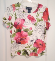 Susan Graver Style Womens Sz M Floral Short Sleeved Blouse White - $21.80