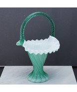 Fenton Spiral Optic Glass Basket Aquamarine Green Rope Like Handle Ruffl... - $138.94 CAD