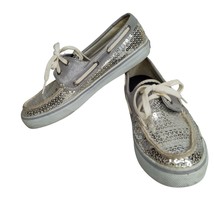 Sperry Top Sider Women&#39;s Boat Shoes Silver Fabric Lace Up Sequin Slip On 7M - $22.76