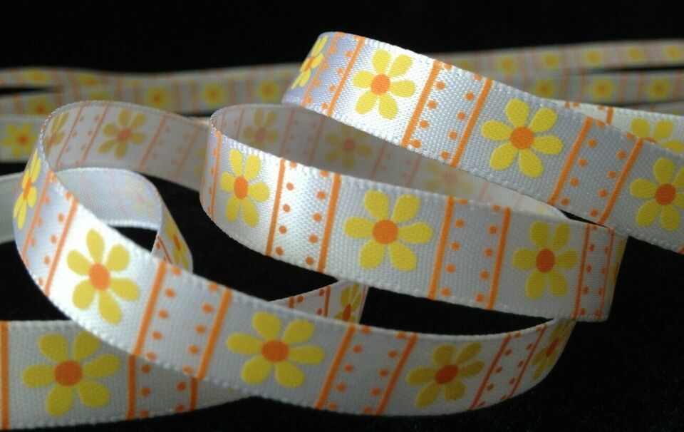 3/8&quot; inch yellow orange FLOWER white satin RIBBON - 1 yd  Daisy floral s... - $2.18