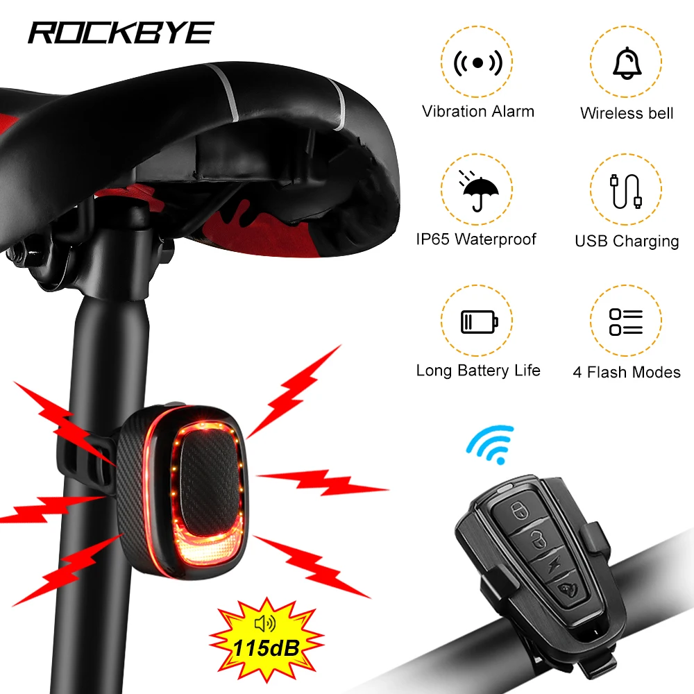 Rockbye Bike Alarm Tail Light Brake Sensing Lamp Wireless Remote Control Horn - £21.64 GBP+