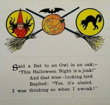 Halloween Postcard Gibson Said A Bat To An Owl Poem Witch Broom Black Cat Unused - £24.52 GBP