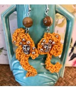 GOLDEN HAIRED LADY HANDMADE FIBER EARRINGS with Lady Face Charms &amp; Jaspe... - $9.90