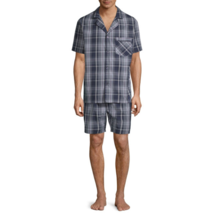 Stafford Men&#39;s Broadcloth Pajama Set SS Shirt &amp; Shorts Medium Navy Plaid - £28.02 GBP