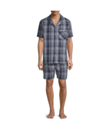 Stafford Men&#39;s Broadcloth Pajama Set SS Shirt &amp; Shorts Medium Navy Plaid - £28.16 GBP