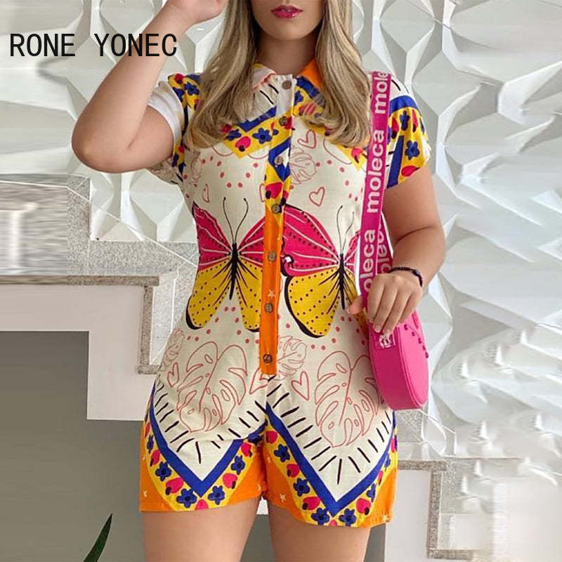 Casual Turn Down Collar Short Sleeves All Over Print Button Bodycon Rompers - $36.95