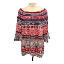 Beach Lunch Lounge Tunic Women 1X Off Shoulder Smocked Mixed Print Boho Festival - £17.09 GBP