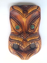 Maori Hand Carved Wood Tiki Koruru Tribal Face Wall Mask w Paua Shell Ey... - $39.74
