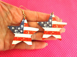 Cute Wooden USA Flag Earrings Star Shaped USA Flag Design Patriotic Accessories - £7.88 GBP