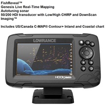 Lowrance Hook Reveal 5 Combo W/50/200KHZ Hdi Transom Mount &amp; C-MAP Contour™+ Car - £421.88 GBP