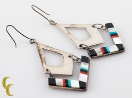 925 Sterling Silver Coral/Turquoise/Mother Of Pearl &amp; Onyx Earrings - $106.86
