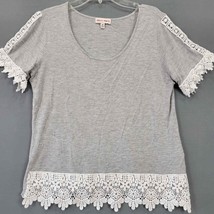 Sequin Hearts Womens Shirt Size M Gray White Lace Deep Scoop Neck Short Sleeves - £8.36 GBP