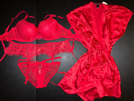 Victoria&#39;s Secret 34DDD BRA SET+garter+M panty+ROBE RED chantilly lace strappy - £150.00 GBP