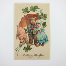Postcard New Year Boy &amp; Girl Umbrella Pig Four Leaf Clovers Embossed Ant... - $9.99