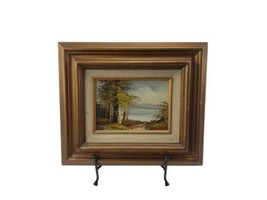 Vintage Nature Lake Scene Oil Painting on Canvas Framed Signed by Artist... - $39.55