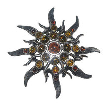 Sterling Silver and Multicolored Baltic Amber Sun Pin Brooch or Pendant (OB19) - £35.96 GBP