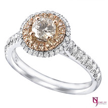 Champagne Double Halo 0.93ct Round Cut Diamond Engagement Ring 14k White Gold - $1,539.00