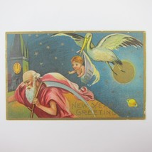 Postcard New Year Stork Delivers Baby Old Man Father Time Embossed Antique 1910 - £7.82 GBP