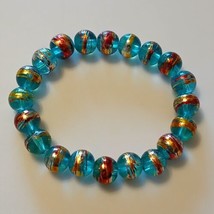 Women&#39;s Blue Multicolor Striped Swirls Glass Round Beaded Stretch Bracelet - £11.55 GBP