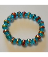 Women&#39;s Blue Multicolor Striped Swirls Glass Round Beaded Stretch Bracelet - $14.85