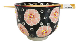 Black And Pink Cherry Blossoms Sakura Donburi Ramen Bowl With Chopsticks... - $18.99