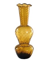Amber Optic Glass Bud Vase Hand Blown Double Gourd Ruffle Rim Vintage 7.... - £13.40 GBP