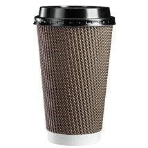 [16 Oz. - 50 Sets Insulated Brown Patterned Ripple Paper Hot Coffee Cups With Li - $33.99