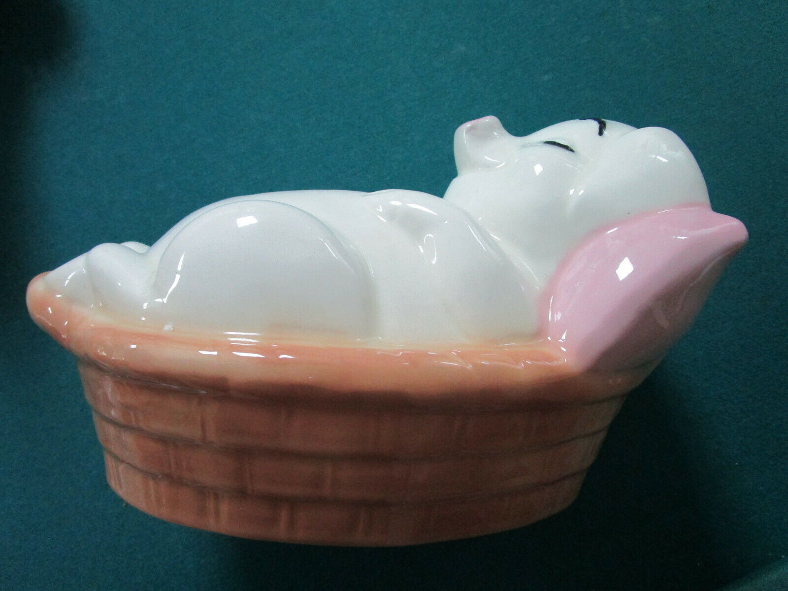 CERAMIC PIGLET SLEEPING IN A BASKET COIN BANK - $46.52