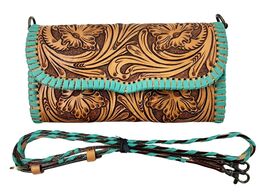 Women's Western Floral Tooled Turquoise Laced Leather Wallet Crossbody Bag - $39.59