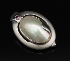 925 Silver - Vintage Oval Mother Of Pearl &amp; Garnet Dome Cutout Pendant - PT21515 - £70.26 GBP