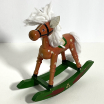 Christmas Rocking Horse Vintage Figure Miniature White Green Brown 7in Tall - $12.95